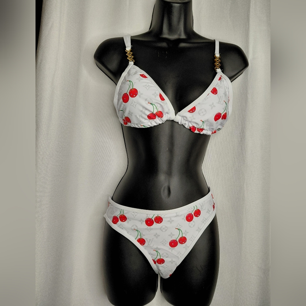 *Read* Medium Size  White Bikini Set  with Cherry Print and Gold Accents